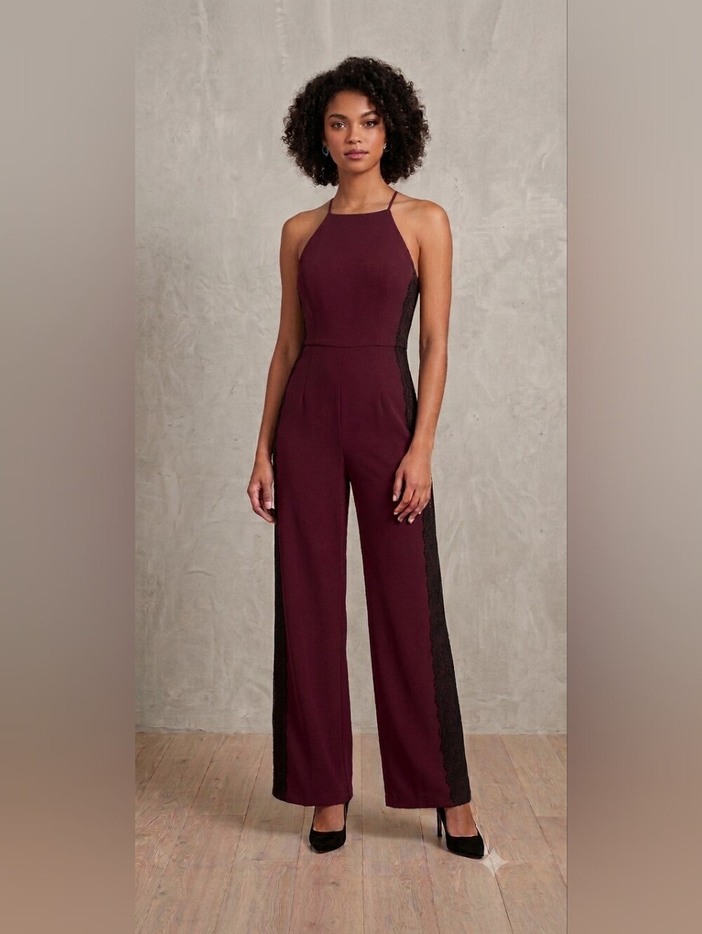 Dynamite Deep Red Wine Jumpsuit With Lace Detail